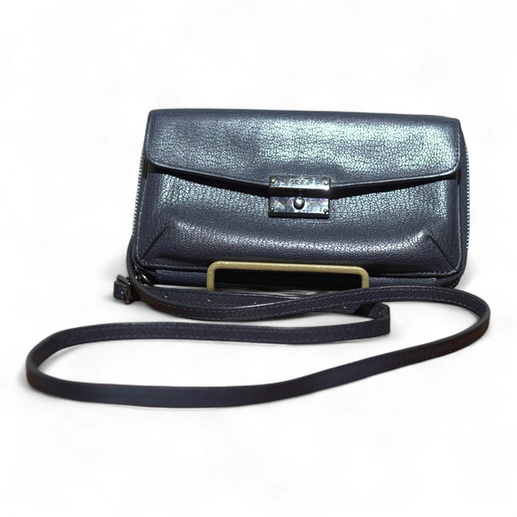 TUMI Phone Holder Wallet w/ Crossbody Strap Navy Leather RFID Gun Metal Hardware - Picture 1 of 12